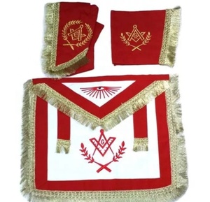 Tablier maçonnique en cuir de taille personnalisée Cardura frange rouge motif carré 3D ensemble de gantelets de col brodés à coudre magnétique à coudre - Product Image 1