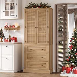 Op maat gemaakte 73 inch keukenkast met rotan deuren, verwijderbaar wijnrek en laden - Product Image 1