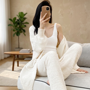Ensemble de pyjama trois pièces décontracté pour femme, automne-hiver, uni, col en V, manches longues, cardigan chaud et épais, tricot respirant, taille élastique - Product Image 3