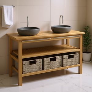 Mueble de Baño de Madera Maciza de Teca de 60 Pulgadas con Lavabos de Piedra de Río, Estilo Rústico, de Pie - Product Image 2