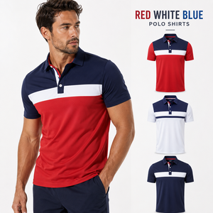Camisetas Polo Rojas, Blancas y Azules, 92% Poliéster, 8% Elastano, Secado Rápido, Diseño de Bloques de Color, Camiseta Polo Patriótica para Golf y Tenis, de Alto Rendimiento para Hombre - Product Image 1