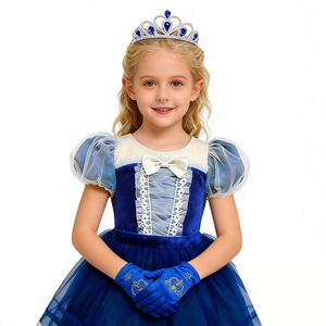 Costume de princesse bleu royal pour enfants certifié BSCI, vente en gros, détail nœud, kit de costume de princesse saphir, gants et diadème - Product Image 6