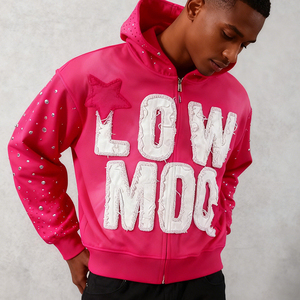 Washed Embroidery OEM Custom <b>Rivet</b> Streetwear Distressed Sun Faded 400gsm Heavyweight Hip Hop Rhinestone Stone Men's Hoodie - Product Image 3