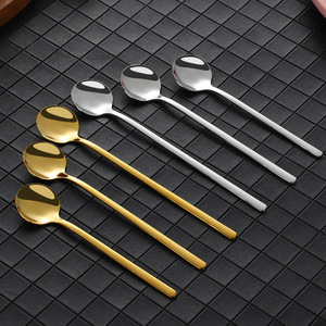 Petite cuillère ronde en acier inoxydable de style coréen, cuillère à café, à lait, à thé, à glace, à dessert, à long manche, dorée - Product Image 2