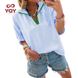 Camicia a maniche corte a righe con scollo a V e colori a contrasto, top casual da <span class=keywords><strong>donna</strong></span>, <span class=keywords><strong>blusa</strong></span> in maglia rilassata per la primavera e l'estate - Product Image 5