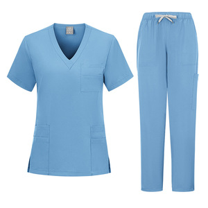 Women's Scrub Set Blue V-Neck Short Sleeve Pants Moisture Wicking Hospital Uniform Split Set - Product Image 1