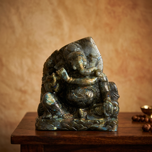 Statue de Ganesha en labradorite, sculptée à la main, avec éclat bleu, plaque arrière en forme de feuille, base lotus, décoration d'autel bouddhiste, artisanat - Product Image 1