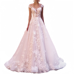 فستان زفاف عصري بمقاسات كبيرة مضاد للكهرباء الساكنة مع ظهر مربوط بالدانتيل وتطريز بالخرز وكشكشة مناسب للحوامل - Product Image 1