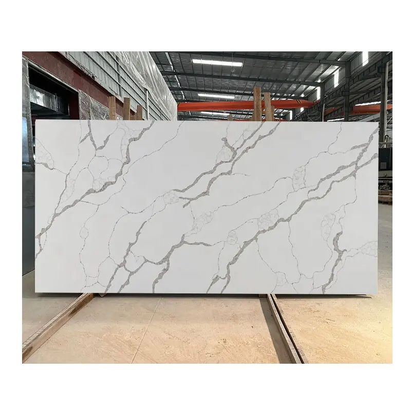 Chinese Slab Tile Kitchen Calacatta Stone Table Surfaces White Quartz Counter Top Marble With Light Grey Veins
