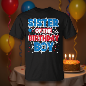 T-shirt Sister Of The Birthday Boy, motif toile d'araignée, noir, taille adulte - Product Image 3