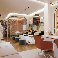 Station de manucure sur mesure haut de gamme tout-en-un, équipement de salon de manucure, éclairage LED moderne, décoration de studio de beauté aux tons lumineux