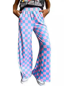Trendy High Waisted Checkerboard Print Pants Soft Breathable Elastic Waist Wide Leg <strong>Trousers</strong> for Women - Product Image 3