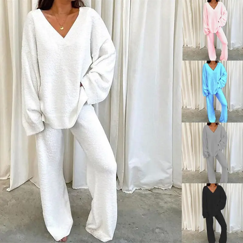 Custom Designer Winter Casual Cotton Long Sleeve Top Wide Leg Pants Loungewear 2 Piece Set for Women