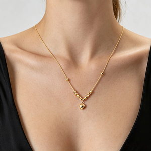 Collar de Oro Sólido de 18k PCX Trendy, Cadena de Bolas Delicadas con Forma de Corazón para Mujer, Oro Duro 3D Au750, Colgante de Amor, Venta al por Mayor - Product Image 4