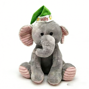 Éléphant en peluche personnalisé pour Noël, avec oreilles roses en velours côtelé, assis, gris, avec chapeau d'ananas festif - Product Image 2