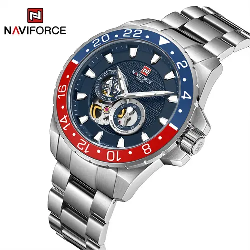 NAVIFORCE 1003 SSBE الرجعية نمط الرجال التلقائي الميكانيكية ووتش 304 الفولاذ المقاوم للصدأ حزام الرجال الذاتي لف ساعة معصم حالة