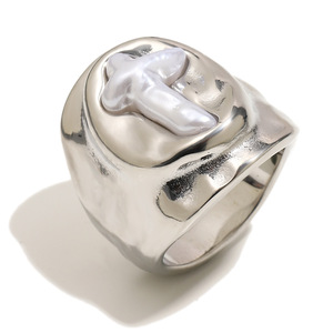 2026 Viral Hammered Irregular Frame Pearl Embedded Cross Stainless Steel Two Tone Unisex <b>Thick</b> Band Signet Finger <b>Ring</b> - Product Image 2