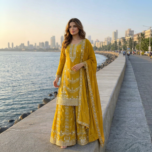 Traje Salwar Kameez Amarillo Bordado, Ropa Étnica Tradicional India y Pakistaní para Mujer, para Bodas y Fiestas - Product Image 1