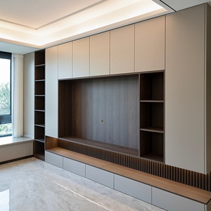 Meuble TV mural en bois écologique pour salon avec étagères ouvertes sur toute la longueur pour hôtel et appartement - Product Image 1