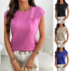 Pull en maille à manches courtes, col rond, uni, fin, décontracté et respirant pour femmes, nouveauté été - Product Image 1