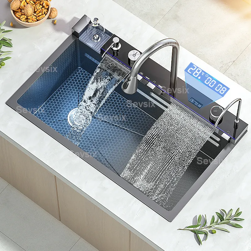 Raindance-fregadero de cocina con pantalla digital integrada, fregadero de acero inoxidable con tecnología de panal, cascada, taza lavadora