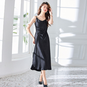 Olive Yellow Spaghetti Strap Dress Women Slim Fit Tummy Control Solid Color Casual Daily Wear Polyester Fabric - Product Image 3