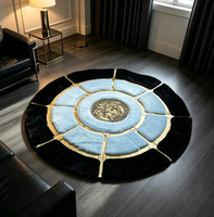 Vintage Geometrisches Muster Runder Bodenteppich, Luxuriöser Schwarz-Gold-Blauer Dekorativer Teppich, Maßanfertigung für Wohnprojekte