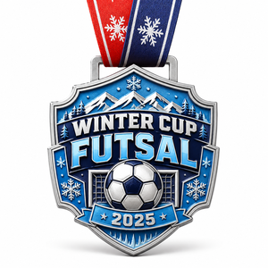 Médailles personnalisées en alliage de zinc 3D argentées pour le <span class=keywords><strong>futsal</strong></span>, coupe d'hiver, récompense de football avec ruban flocon de neige - Product Image 1