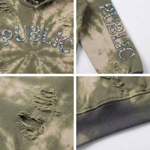 Sudadera con capucha para hombre OEM personalizada, con lavado ácido, tie-dye y efecto desgastado, con pedrería, efecto Monkey Wash, extragrande, de peso pesado, estilo streetwear - Product Image 2