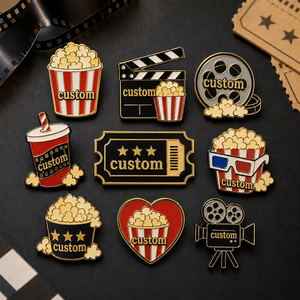 Al por mayor, pines de solapa de metal esmaltados de alta calidad, personalizados con diseño de palomitas de maíz y temática de <span class=keywords><strong>cine</strong></span>, para regalos promocionales de <span class=keywords><strong>cine</strong></span> - Product Image 1