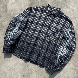 Camiseta Vintage Estampada a Cuadros con Botones, Camiseta Oversize con Pedrería y Lavado Ácido, 100% Algodón, Camisas de Manga Larga para Hombre Tallas Grandes - Product Image 1