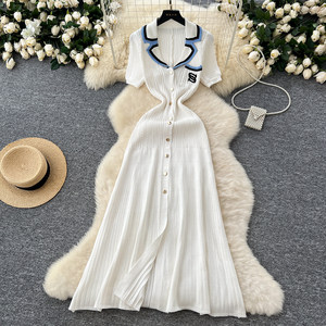 Vestidos Casuales de Punto para <span class=keywords><strong>Mujer</strong></span>, Cuello Polo, Manga Corta, Combinación de Colores, Verano - Product Image 2