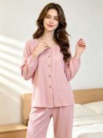 Ensemble de pyjama décontracté 2 pièces en fibre de bambou pour femme, col rond, manches longues, pantalon long, respirant, couleur unie, pour l'automne