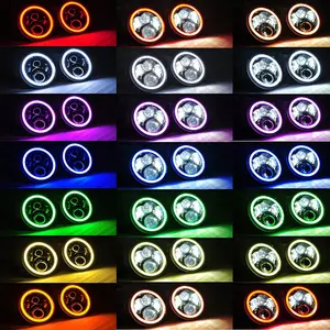 Conjuntos de faróis de led, adequados para 7 polegadas, jeep wrangler, rgb, halo, com multi ângulo colorido, aplicativo remoto