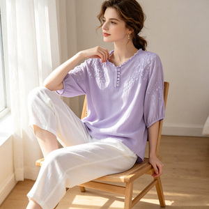 Blusa holgada bordada con lavanda, manga tres cuartos, cuello redondo, top floral elegante para mujer, camisa de primavera y verano - Product Image 2