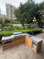 Îlot de cuisine extérieur personnalisé en SUS304 avec barbecue gaz/charbon double combustible, évier, réfrigérateur et rangement à tiroirs pour jardins de villas