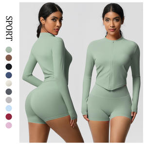 Conjunto de Yoga de nylon con forro polar de color sólido Naked Sensation chaqueta con cremallera y mallas de cintura alta para correr gimnasio (venta al por mayor) - Product Image 2