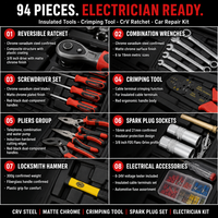 Ensemble d'outils d'électricien de 94 pièces en acier au chrome-vanadium, comprenant tournevis isolés, pince à sertir, embouts Torx, pinces, clés et outils pour voiture - Vente en gros