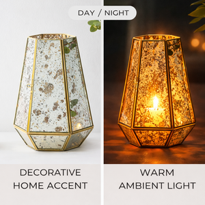 Glass Home Decor Antique Mirror Vintage Brass Metal Mercury Glass Pillar <strong>Candle</strong> Lantern Geometric Tabletop Lantern - Product Image 3