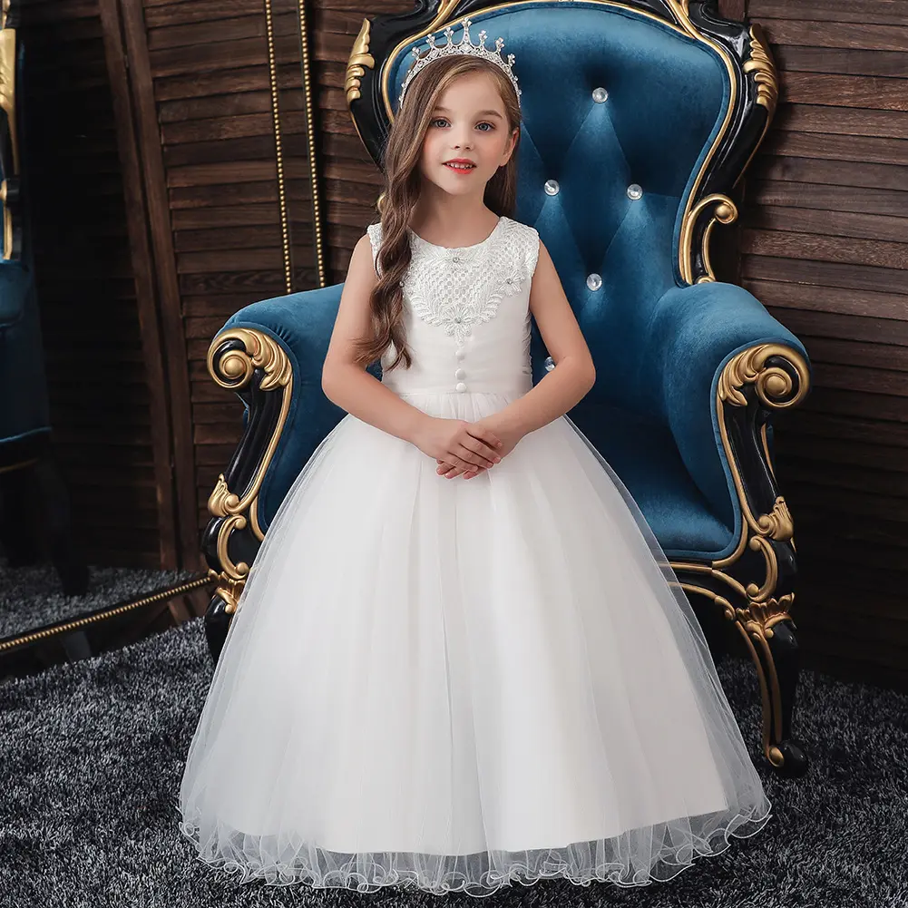 子供の白いウェディングスカートロングふわふわネットヤーンプリンセスドレス中年の女の子のホリデーコスチューム