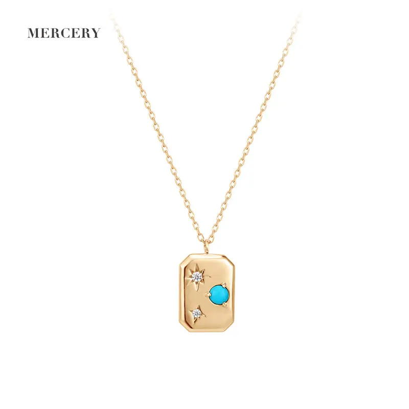 Gioielli Mercery in oro massiccio 14 carati con diamanti veri Birthstone rettangolo pendenti con diamanti collana in pietra turchese