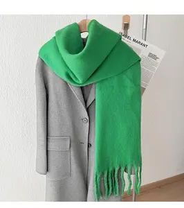 Wholesale Winter Long Style Woven Mohair Fabric Women Soft Cashmere Warm Shawls Solid Color Style Jacquard Scarf