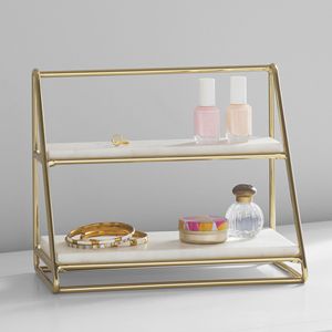 Hot bán 2 Tier thường vụ nước hoa trang điểm lưu trữ giá phòng tắm Organizer <span class=keywords><strong>Countertop</strong></span> đá cẩm thạch và vàng vẻ đẹp trang điểm Organizer - Product Image 1