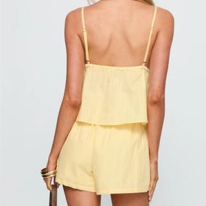 Conjunto de Lino Casual de Moda para Mujer, Dos Piezas, Nuevo Estilo, Top sin Mangas y Pantalones Cortos de Gasa de Algodón, Venta Caliente OEM - Product Image 3