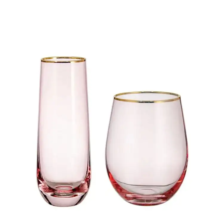 Küçük pembe cam su şişesi için renkli el yapımı kristal altın çerçeveli viski bardağı Bar