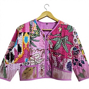 Veste matelassée rose patchwork pour femme, col en V, manches longues, vêtement d'extérieur d'automne, manteau imprimé en polyester tissé avec poche, cadeau pour elle - Product Image 2