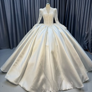 Lscm117 Elegant Ivory <b>Sheer</b> Lace <b>Long</b> <b>Sleeve</b> Beaded Corset Minimalist Satin Ball Gown Wedding Dress Train Jancember - Product Image 6