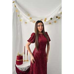 Vestido de Noche Borgoña al por Mayor, Corto, con Capas, con Plumas, Perlas y Lentejuelas, Estilo Imperio, Largo hasta el Suelo, para Fiesta - Product Image 2