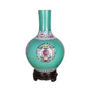 彩色中国花卉设计陶瓷绿松石花瓶
