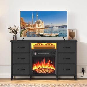 Meuble TV moderne SENYU avec cheminée, tiroirs de rangement et éclairage LED pour salon, compatible téléviseurs de 65 pouces et plus, à poser au sol - Product Image 1